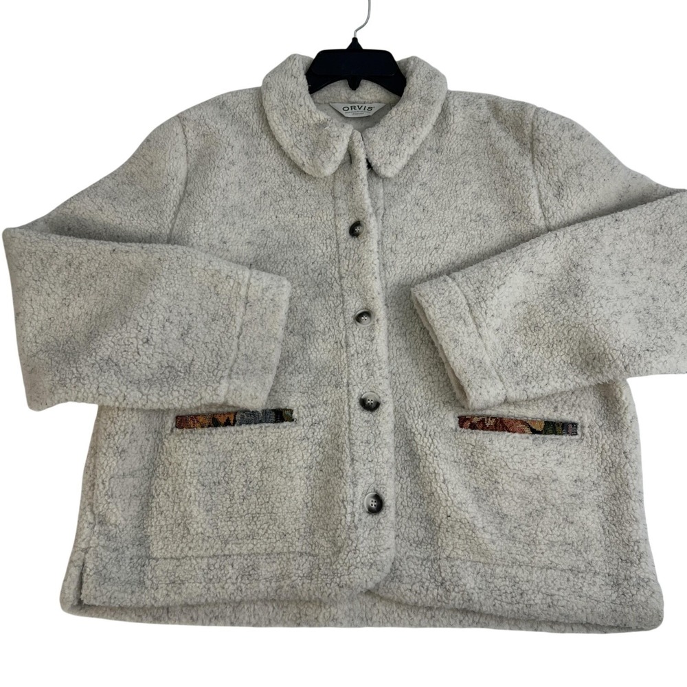 Orvis Jacket Womens Large White Sherpa Fleece Lined Button Front Tapestry Trim